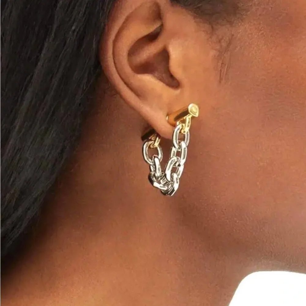 Chunky Chain-Link Earrings Front Back Two Tone Barbel Paco Rabanne STYLE JA31 - Picture 3 of 6